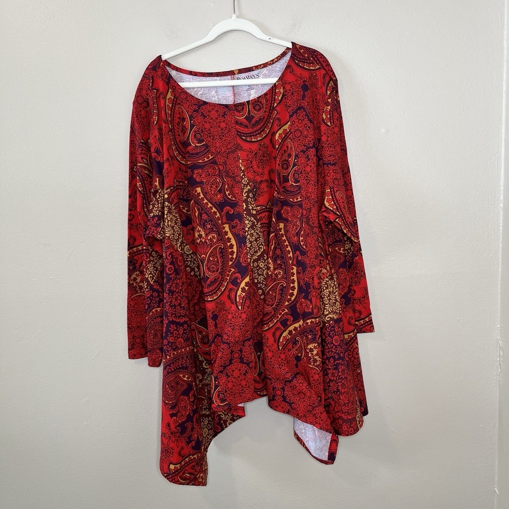 Women's 4x Tunic Top Top Romans Floral Paisley Red Bright Long  Boho Relaxed